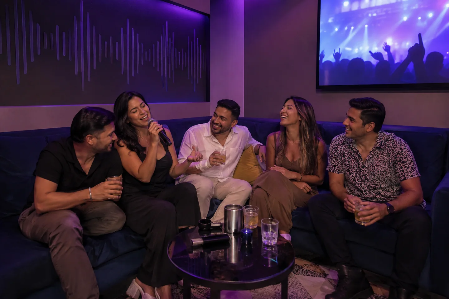 Amigos colombianos compartiendo en un lounge de Barranquilla